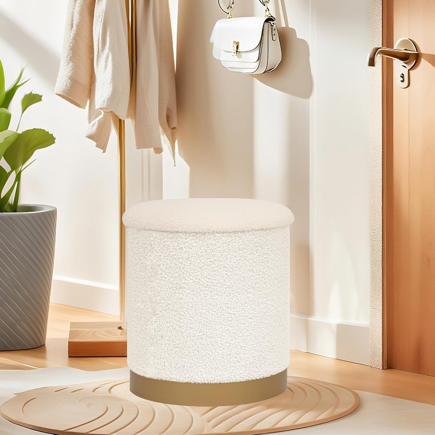 White Boucle Storage Ottoman Round Folding Footrest with Reversible Tray Lid