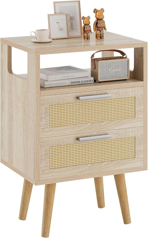 Boho Rattan Bedside Table with 2 Drawers & Open Shelf, Natural Wood Nightstand