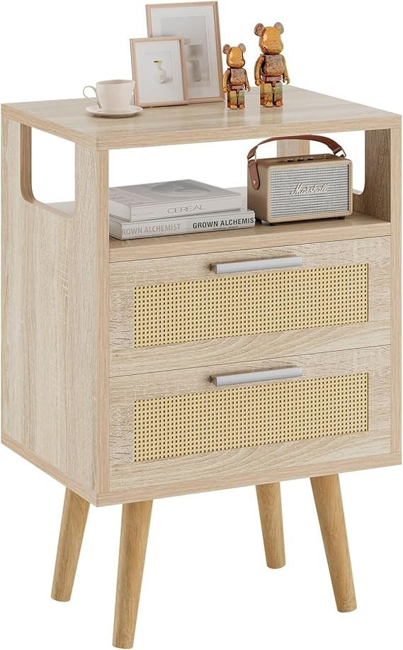 Boho Rattan Bedside Table with 2 Drawers & Open Shelf, Natural Wood Nightstand
