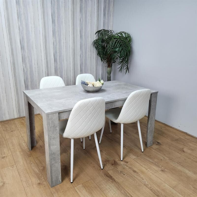 Modern Grey Dining Table Set 4 White Faux Leather Chairs for Kitchen Room