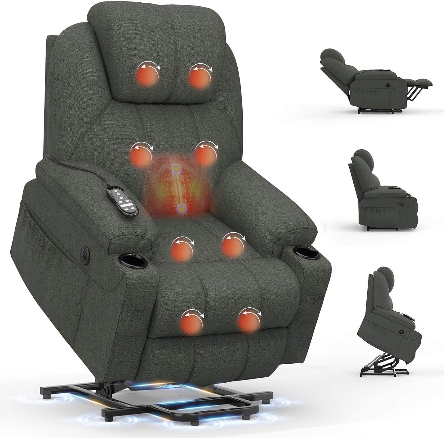 Power Lift Recliner Chair Massage Heat USB Type-C Cup Holders Fabric Dark Grey