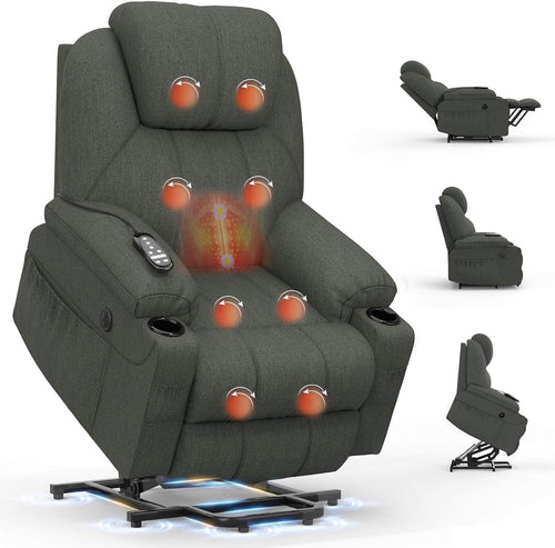 Power Lift Recliner Chair Massage Heat USB Type-C Cup Holders Fabric Dark Grey