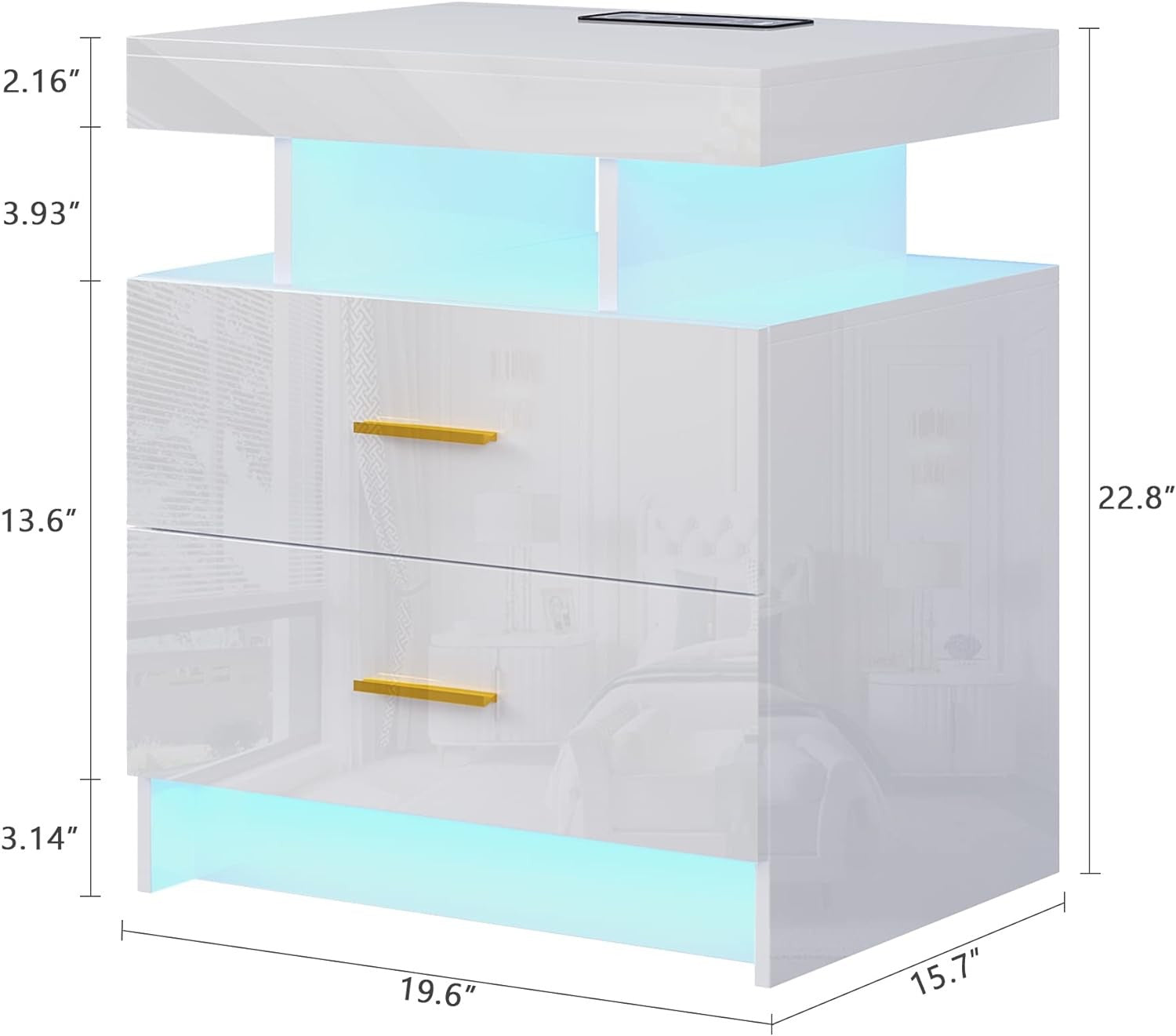 White LED Bedside Table Wireless Charging, Glass Top & 2 Drawers Modern