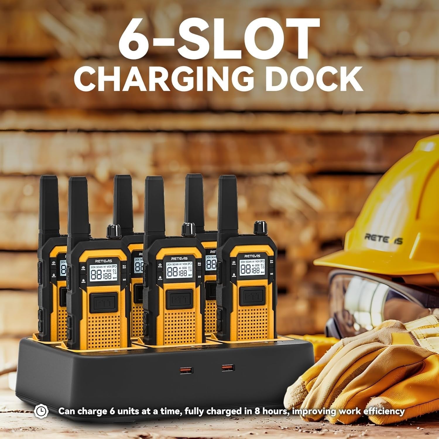Heavy Duty Walkie Talkies IP67 Waterproof w Earpiece 6 Pack Charger