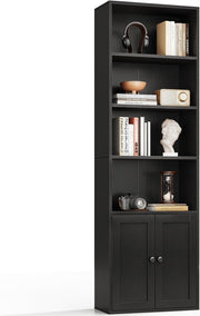 Tall 6 Tier Bookcase With Cabinet Storage Shelves Modern Freestanding Black