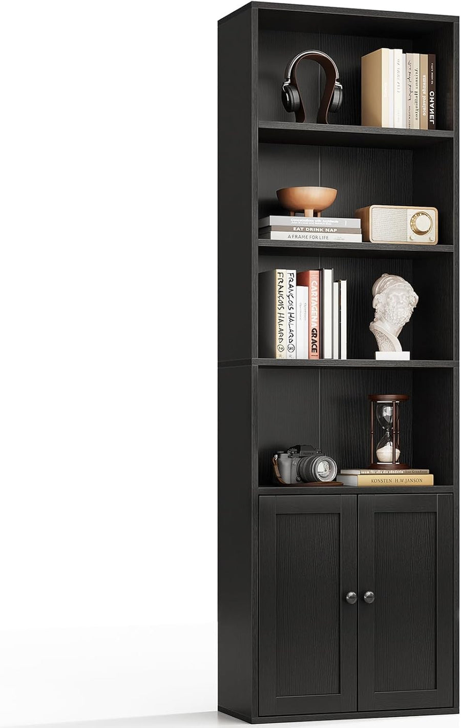 Tall 6 Tier Bookcase With Cabinet Storage Shelves Modern Freestanding Black