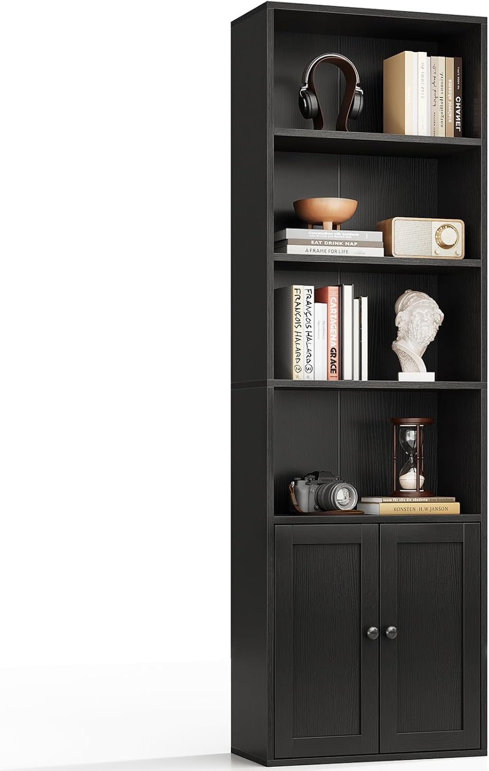 Tall 6 Tier Bookcase With Cabinet Storage Shelves Modern Freestanding Black
