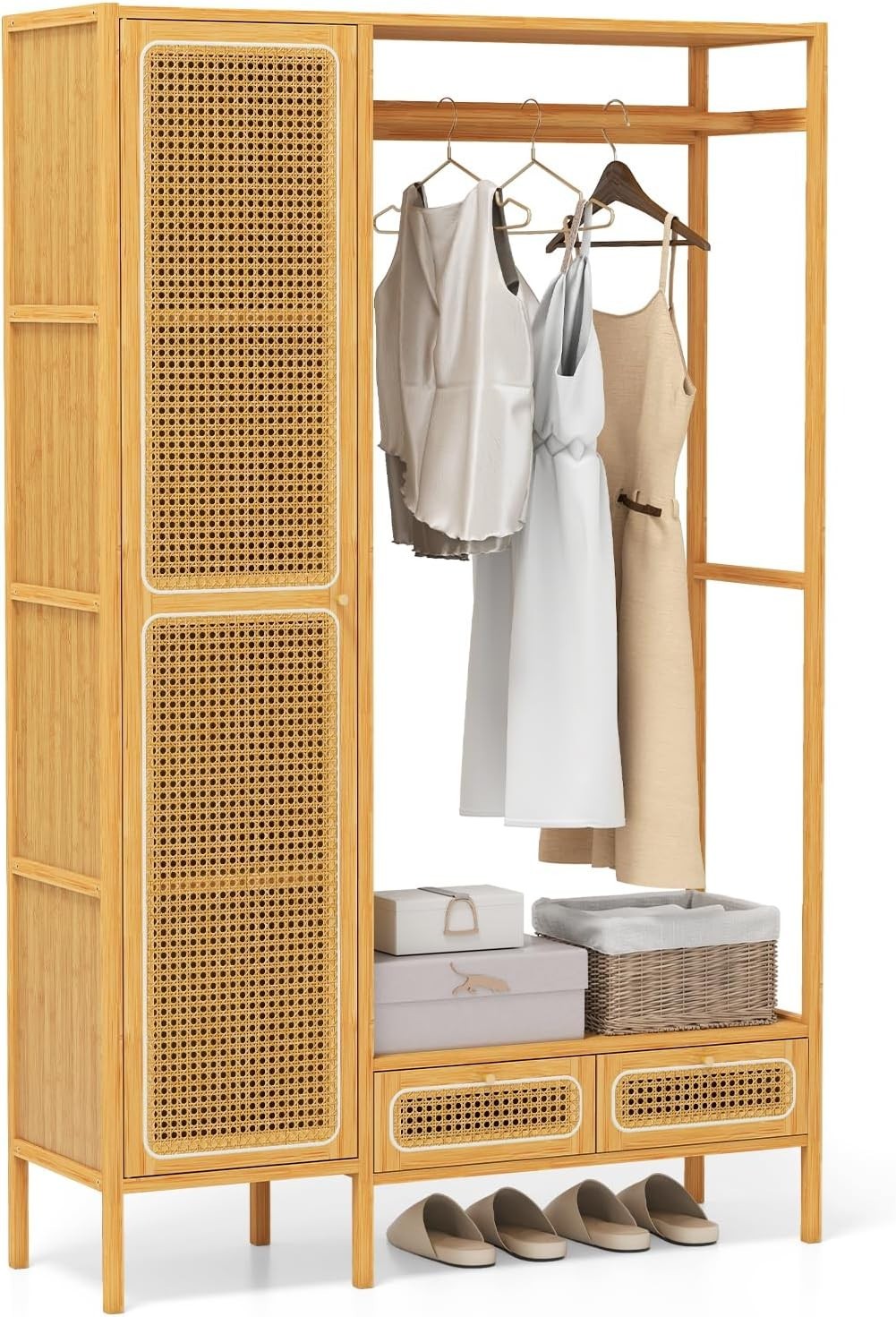 Bamboo Clothes Rack with Drawers & Rattan Shelving Unit