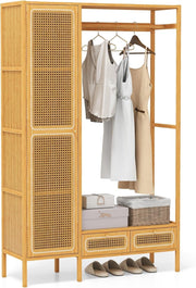 Bamboo Clothes Rack with Drawers & Rattan Shelving Unit
