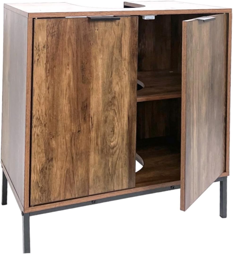Rustic Oak Under Sink Bathroom Cabinet with Double Doors & Storage Shelf