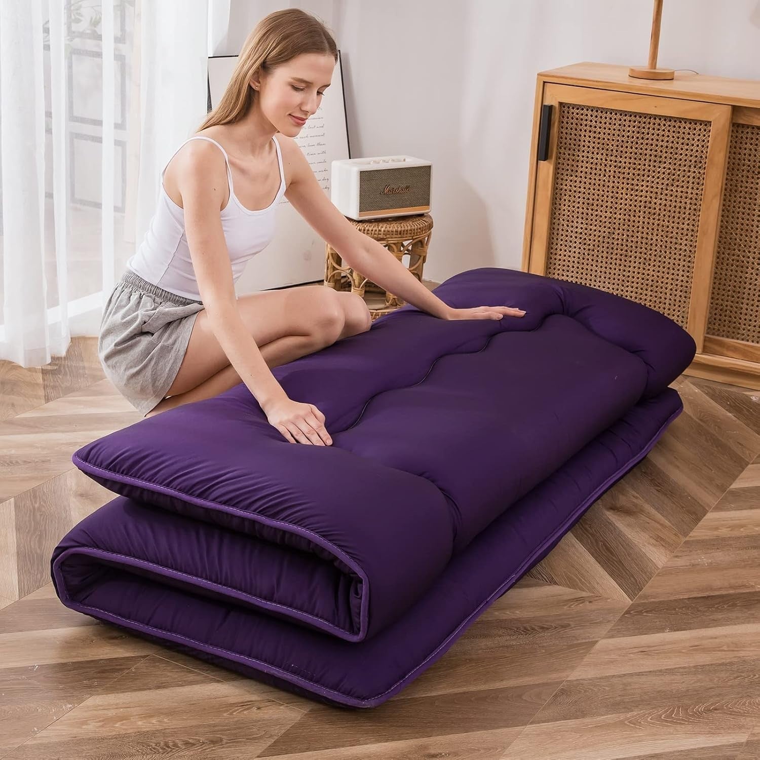 Purple Foldable Futon Mattress | Thick Quilted Floor Sleeping Pad, Portable