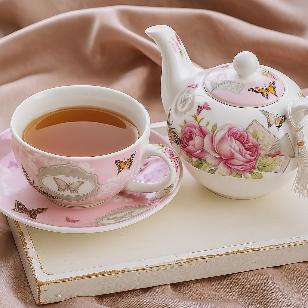 Tea for One Teapot Cup Saucer Set Vintage Rose Floral Gift Box Pink