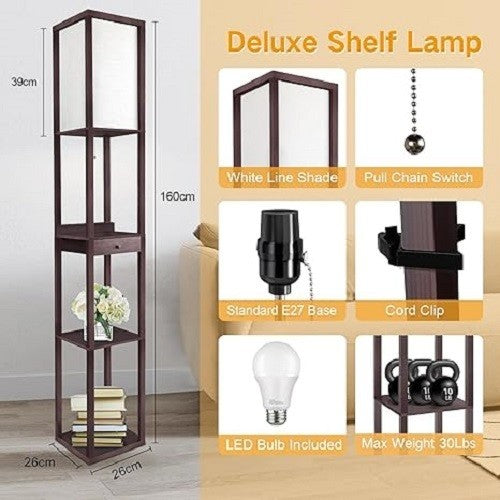 Floor Lamp with Drawer Shelves USB C Dimmable LED Wooden Standing Light