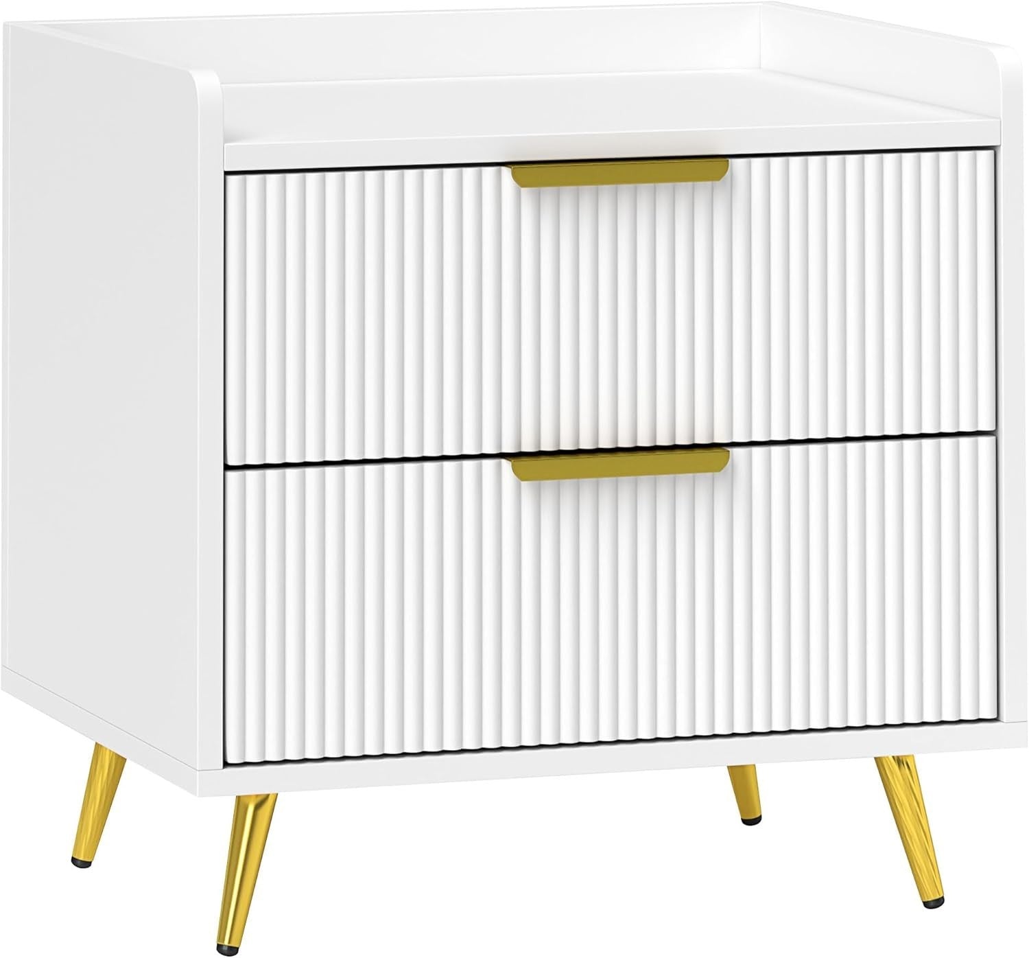 Modern White Bedside Table with 2 Drawers & Gold Metal Legs | Elegant Nightstand