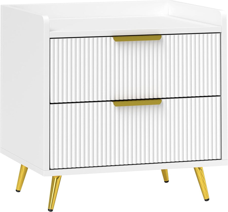 Modern White Bedside Table with 2 Drawers & Gold Metal Legs | Elegant Nightstand