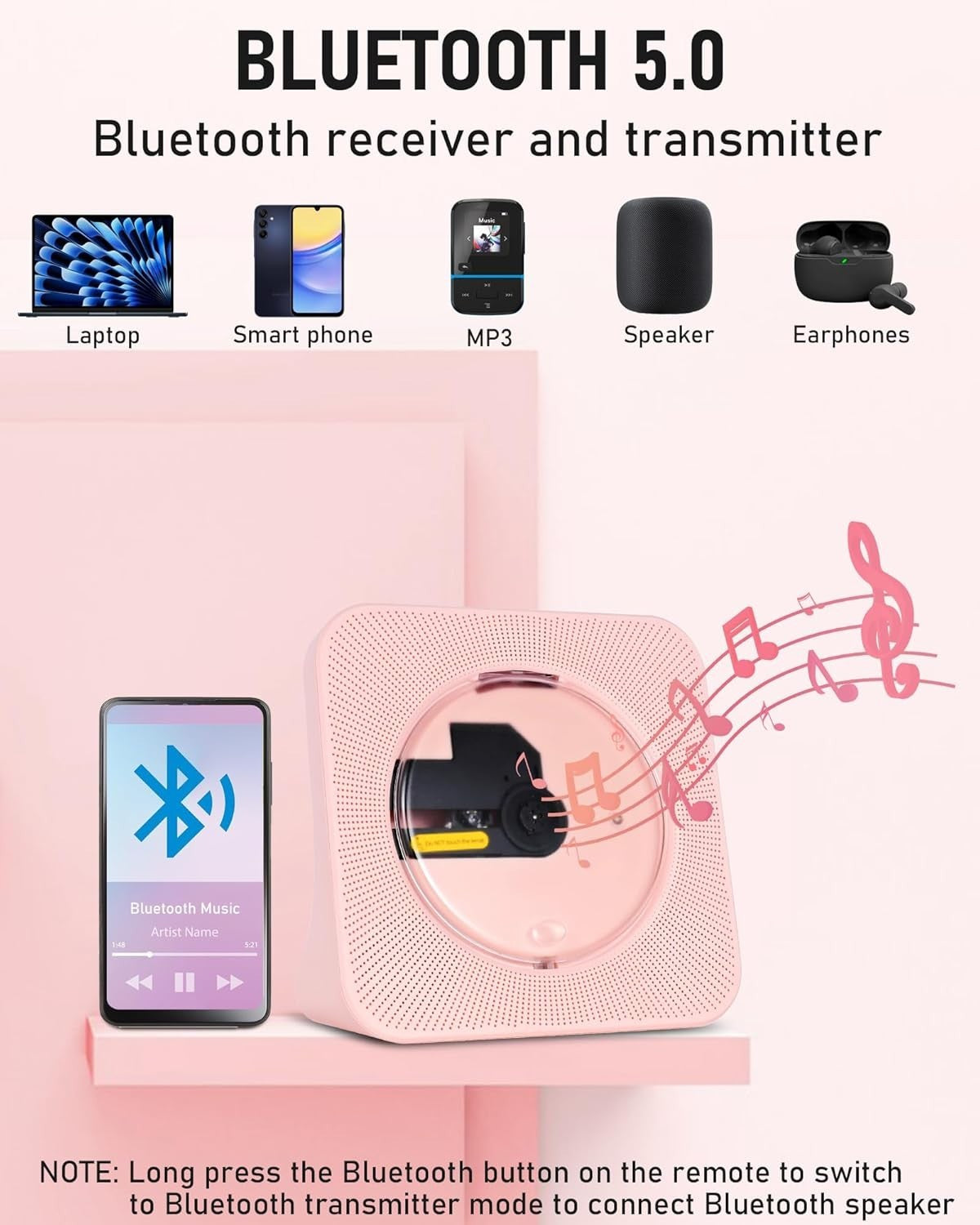 Pink Bluetooth CD Player FM Radio USB AUX Boombox Remote Sleep Timer