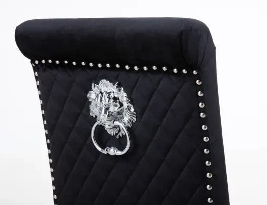 Pair Black Velvet Dining Chairs Lion Knocker Chrome Legs Quilted Back