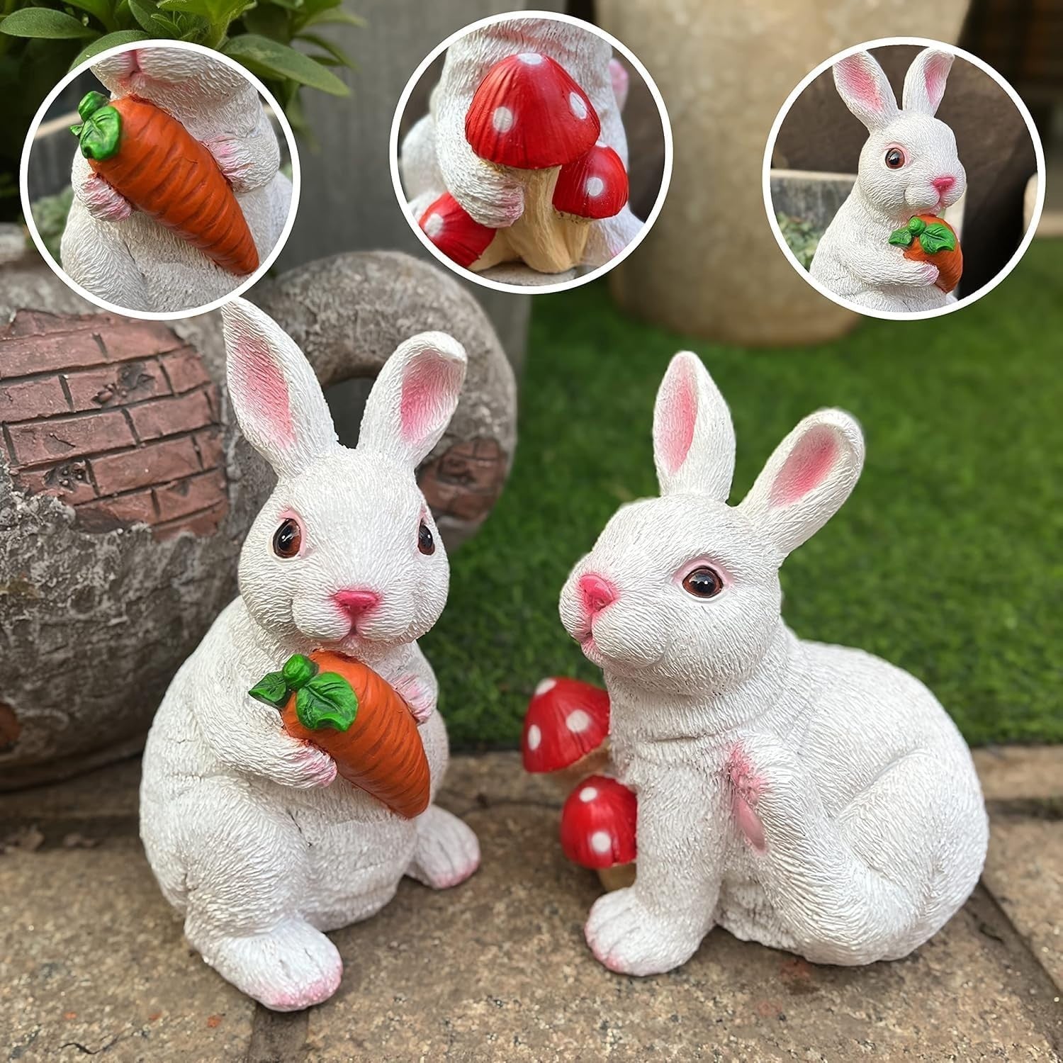 Set of 2 White Rabbit Garden Ornaments • Resin Outdoor Figurines