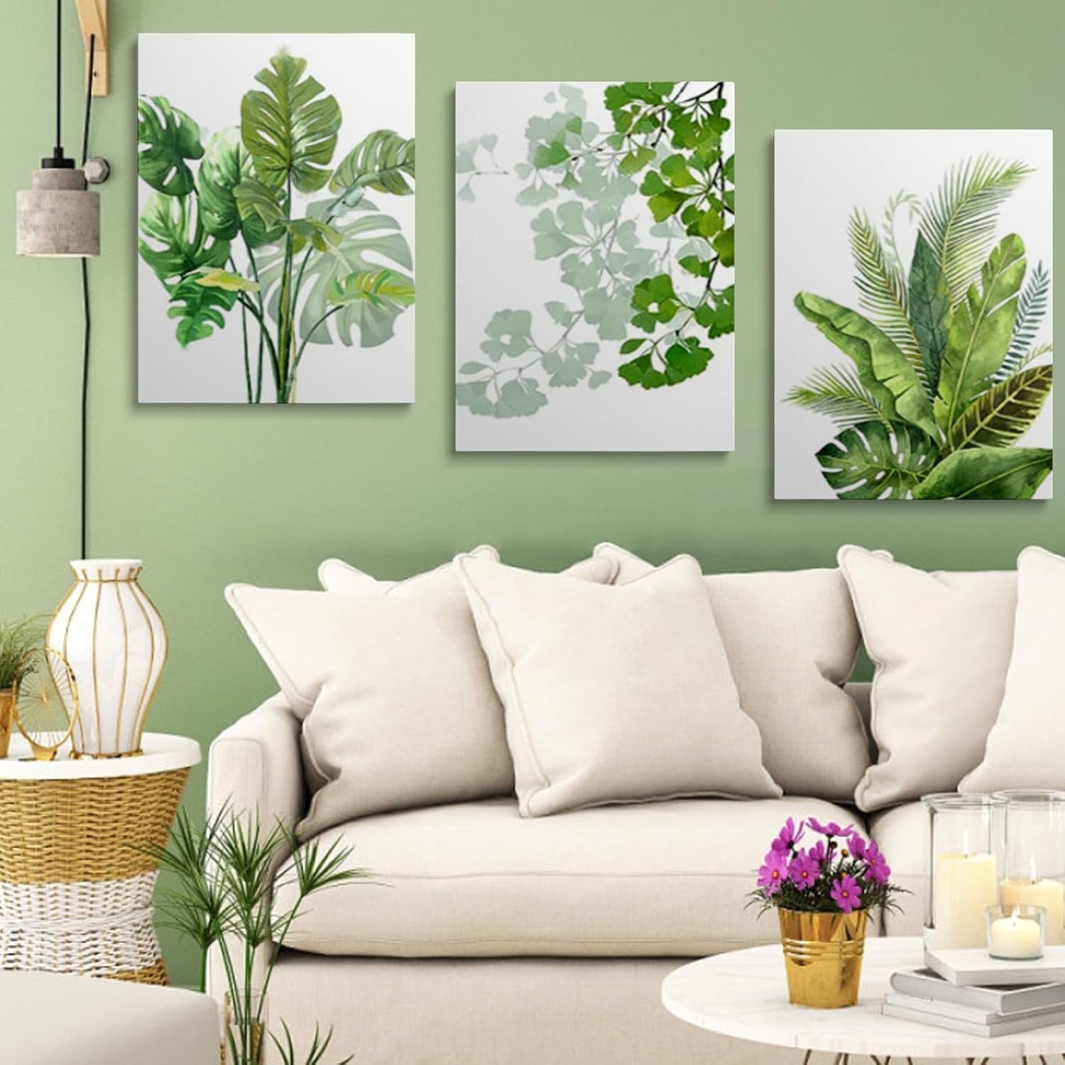 Green Botanical Wall Art Set 3 Framed Canvas 12x16in