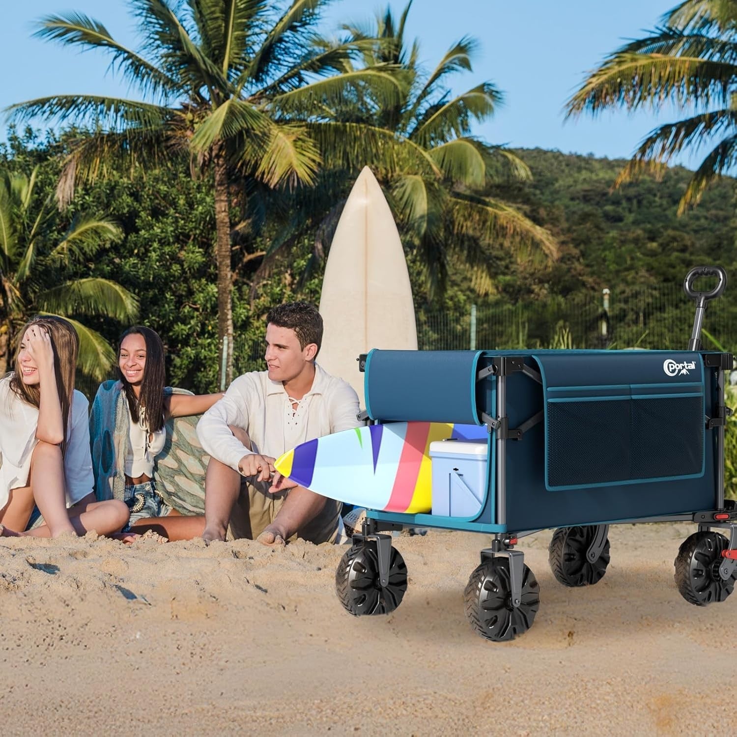 Blue 350L XXL Folding Beach Trolley Heavy Duty Wagon w/ Canopy & Tailgate