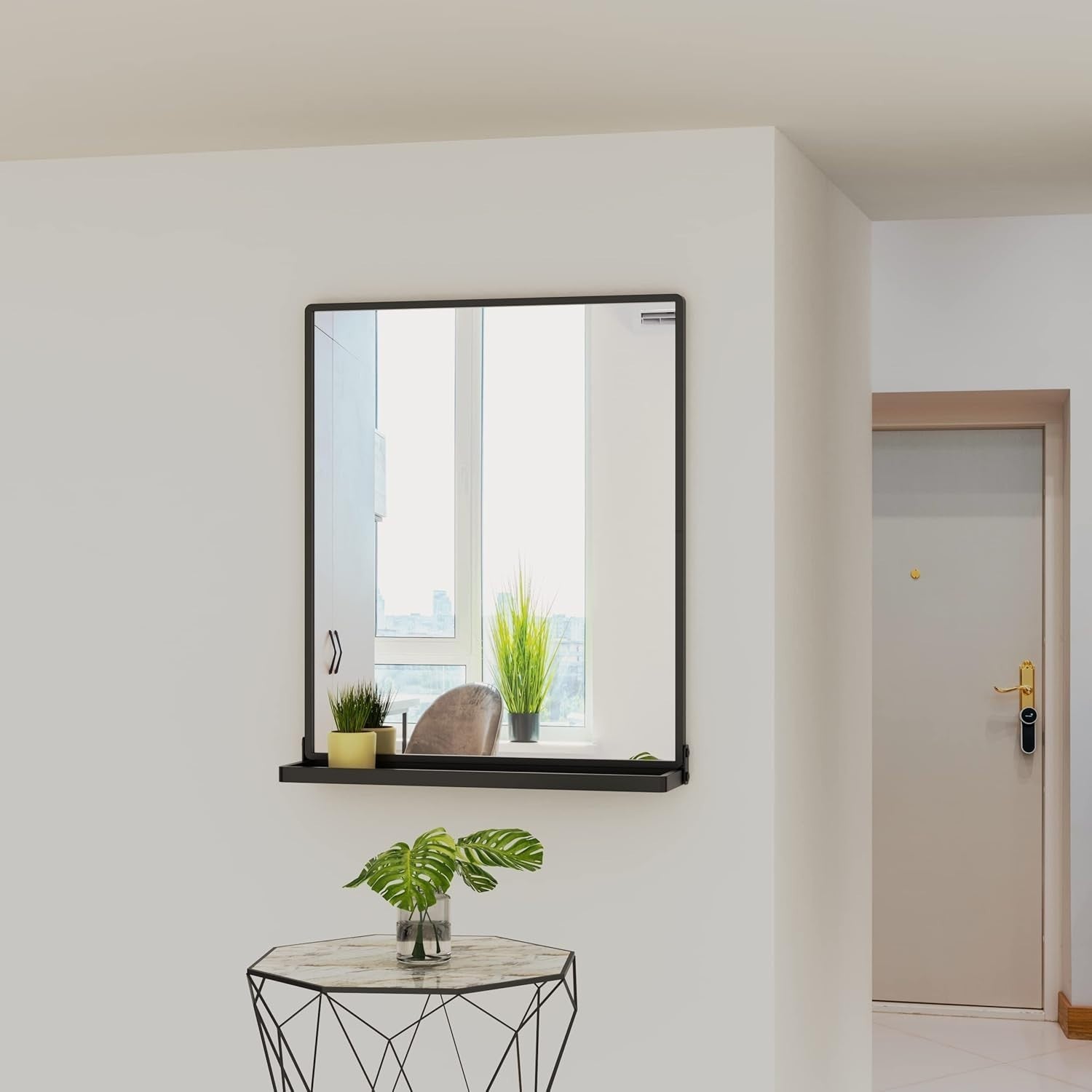Modern Black Wall Mirror with Shelf 62x50cm – Sleek, Scratch-Resistant
