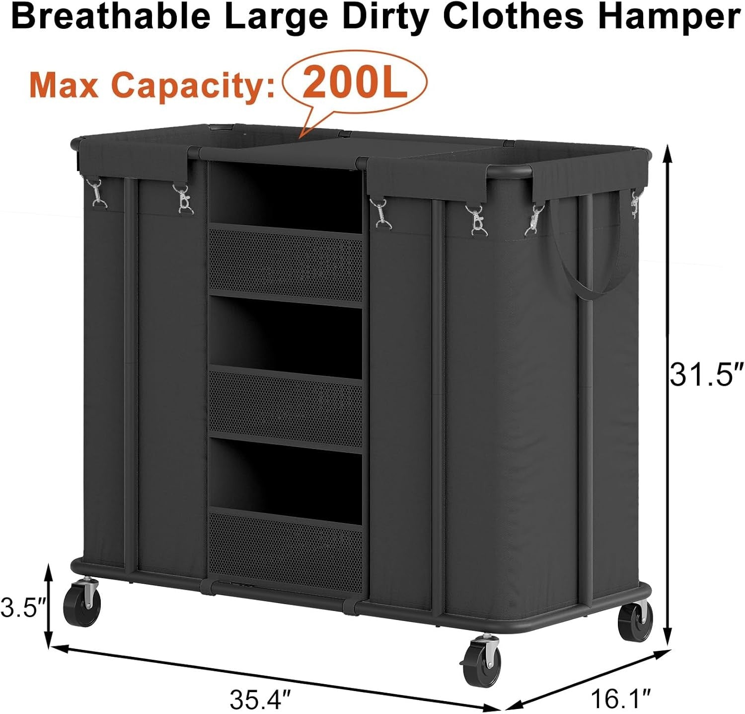 200L Rolling Laundry Sorter Cart with Shelves & Dual Hanging Bags Black