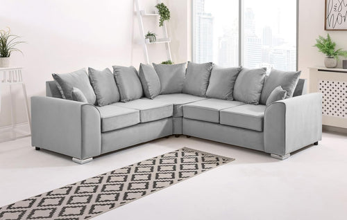 Silver Plush Velvet 5 Seater Corner Sofa–Scatterback Foam Cushions & Chrome Feet