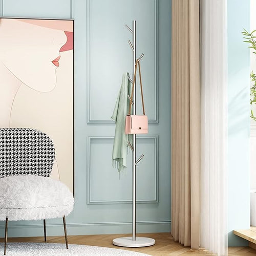 Silver Metal Coat Rack with Marble Base | Freestanding Hall Tree for Coats, Hats