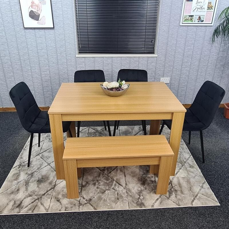 6 Seater Oak Dining Table Set with 4 Black Chairs & Wooden Bench Modern