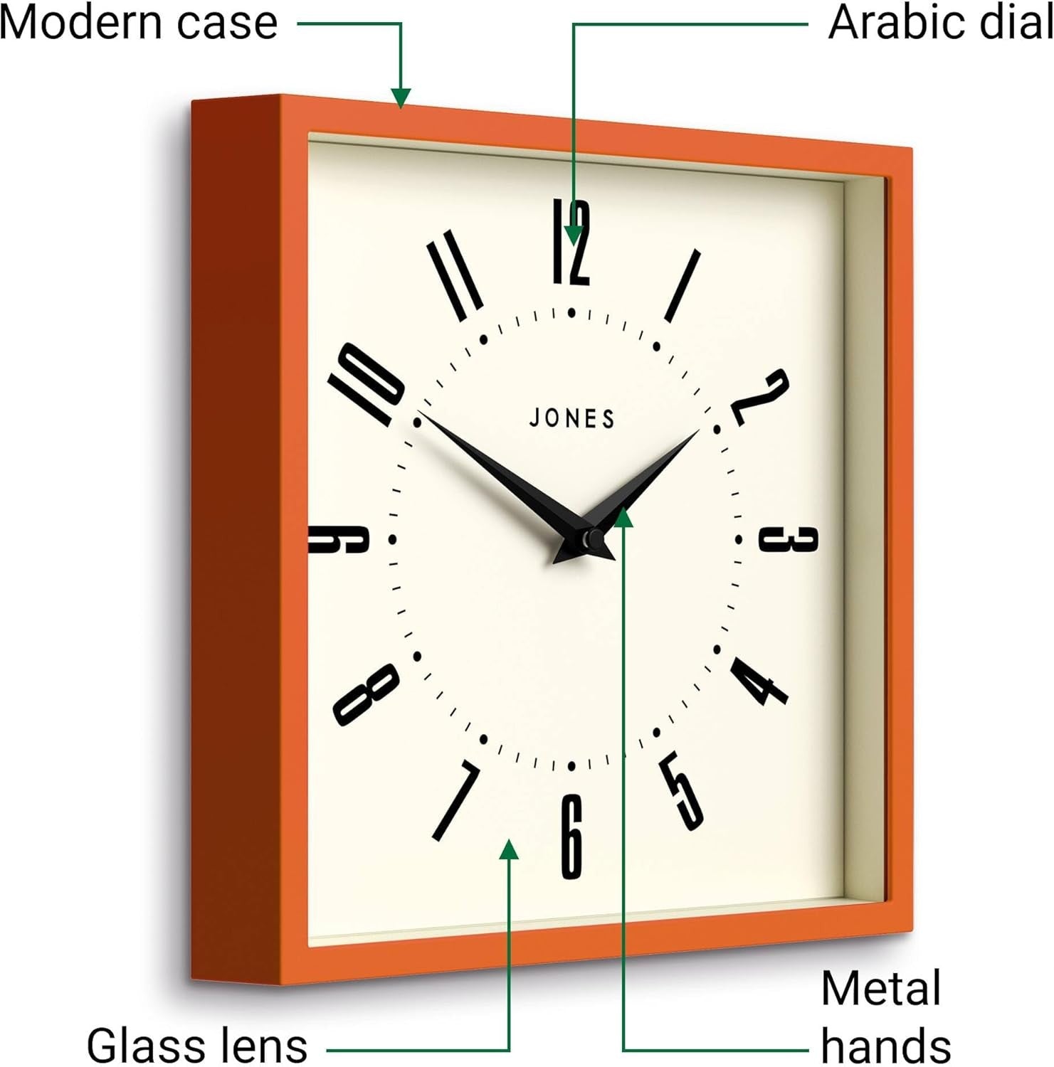 25cm Orange Square Wall Clock Retro Silent Quartz Easy Read Numbers Kitchen Offi