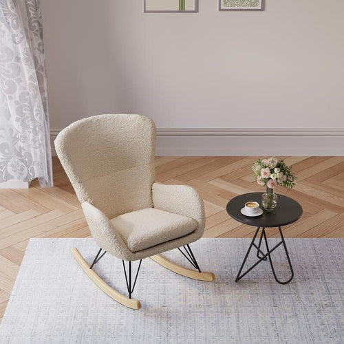 Beige Sherpa Rocking Chair High Back Seat with Arms & Wood Runners