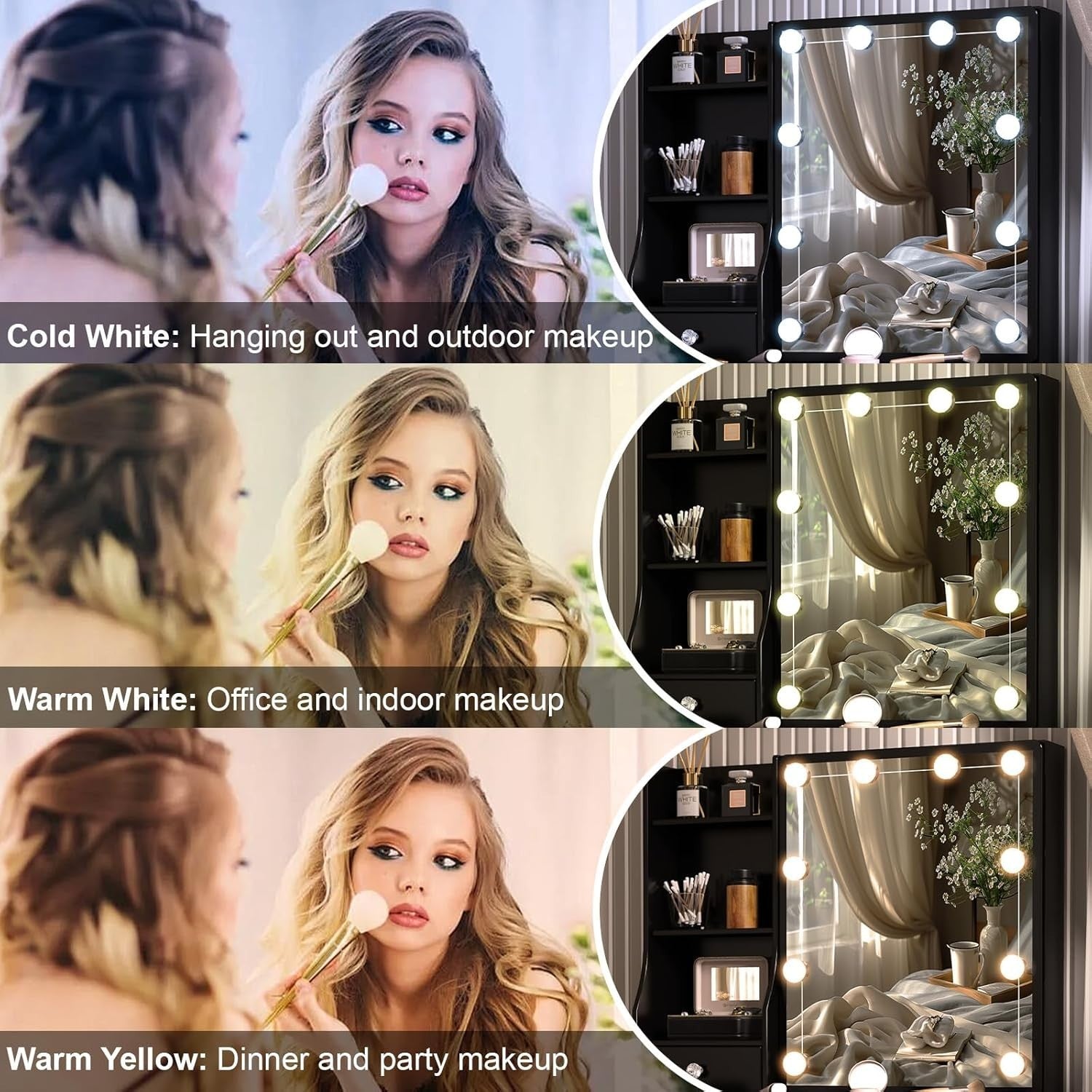 Makeup Vanity Table Set w/ 3-Color LED Lights, 12 Storage Spaces & Padded Stool