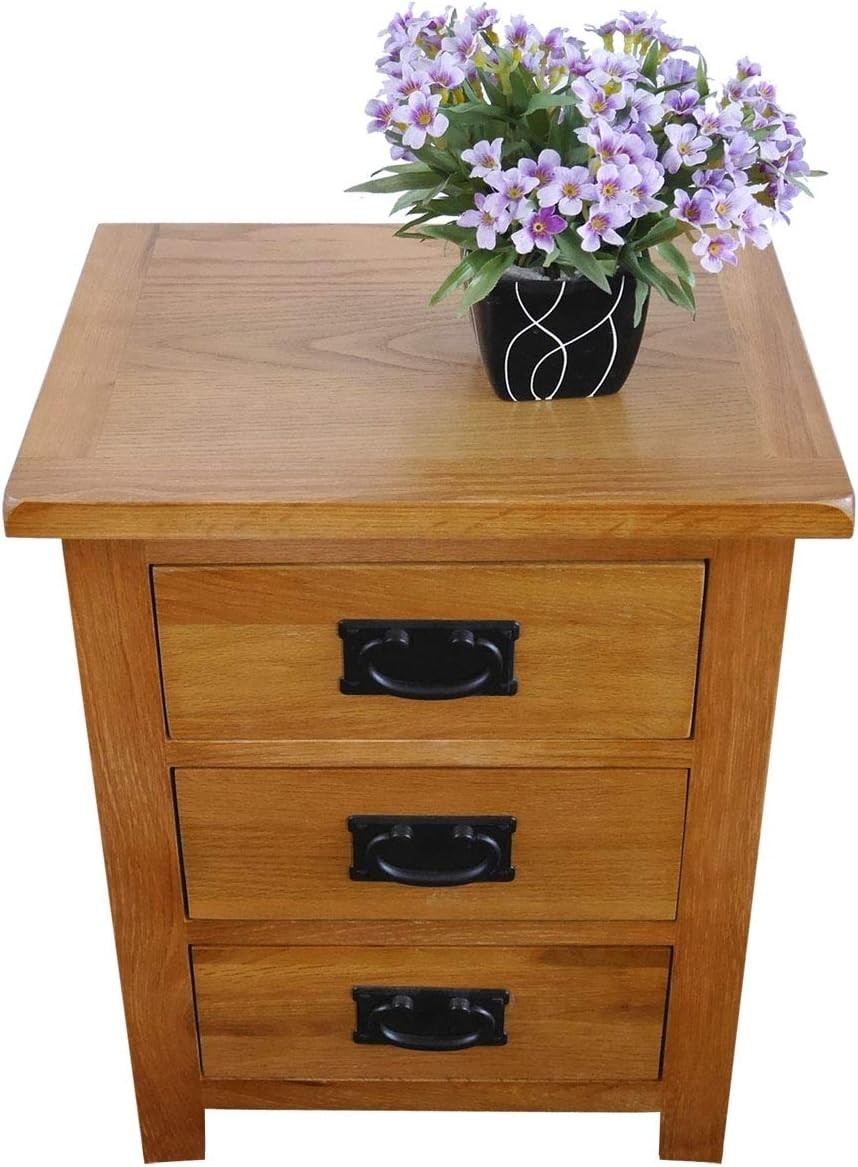 Rustic Oak Bedside Table with 3 Drawers, Solid Wood Nightstand 56x42x32cm