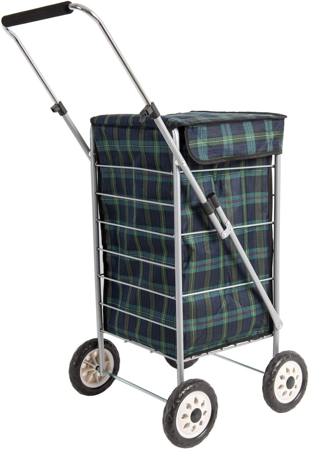 60L 4-Wheel Shopping Trolley Blue & Green Tartan Adjustable Handle Steel Frame