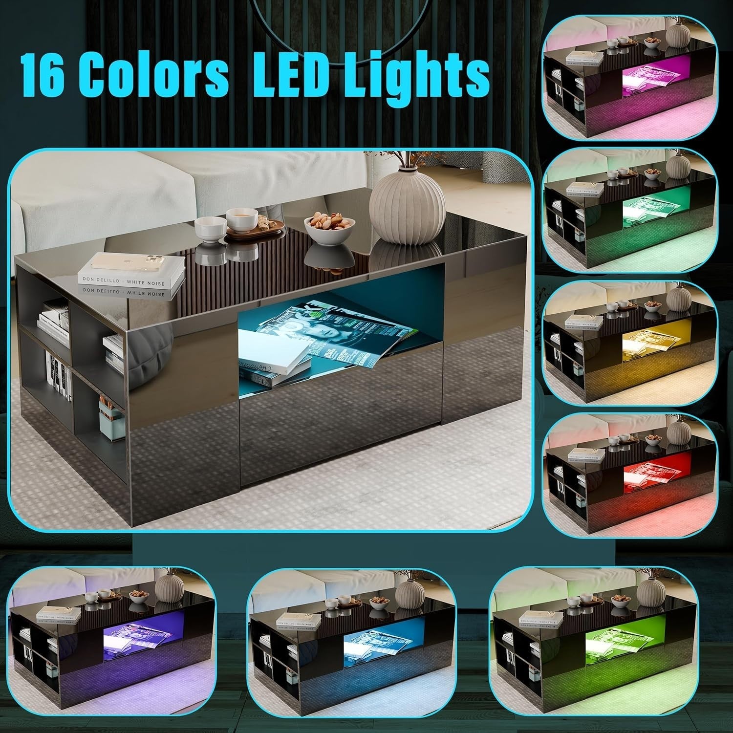 Blisswood LED Coffee Table with 2 Drawers, High Gloss Top & RGB Lights 95x55cm