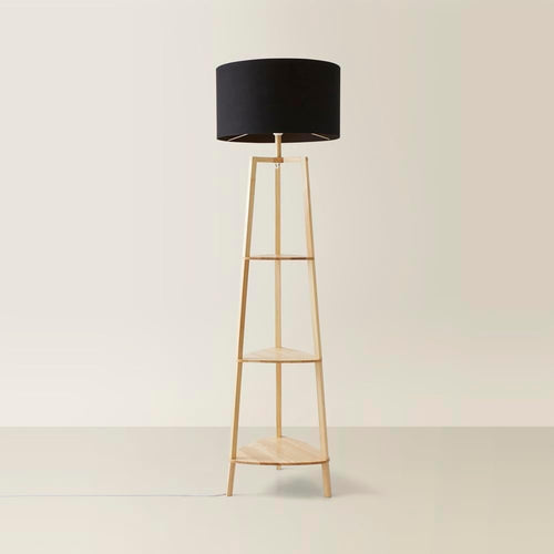 Wooden Floor Lamp with Shelves Black Shade Storage Standing Light LED