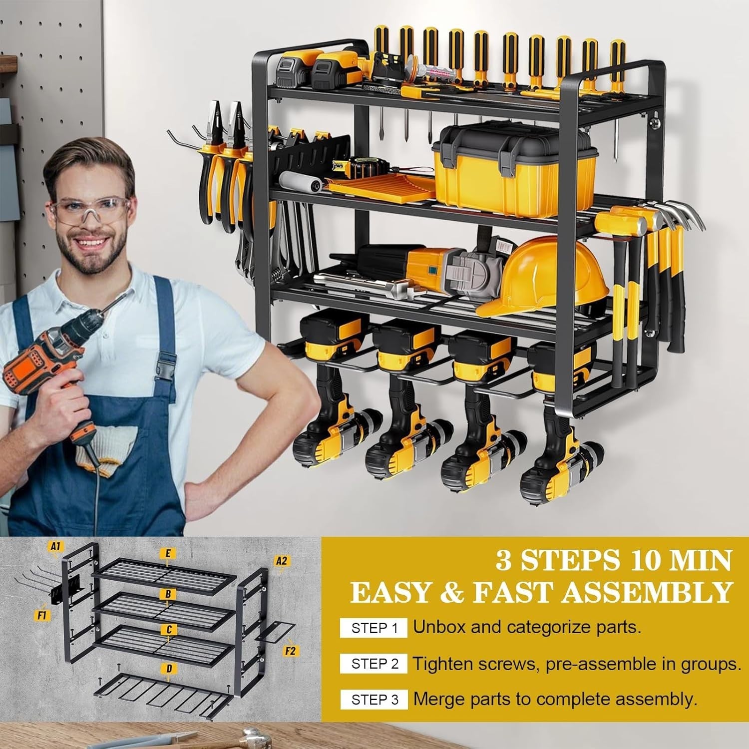 Wall Mount Power Tool Organizer 4 Drill Holders 4 Layers – 200Lbs Load