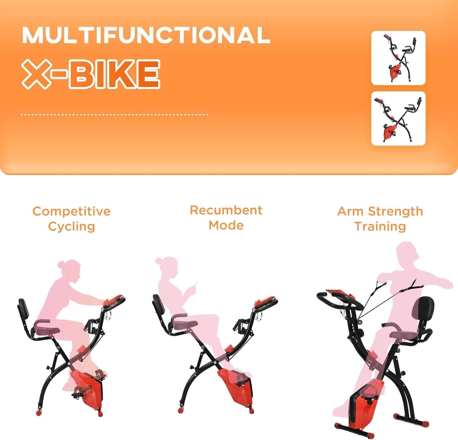Wine Red 3-in-1 Folding Exercise Bike Magnetic Resistance LCD Pulse Bands
