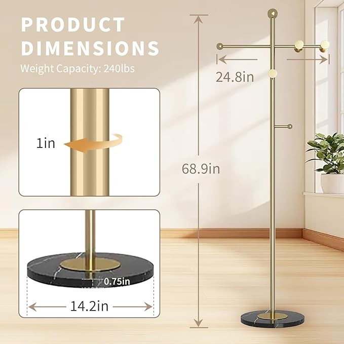 Luxury Gold T-Shaped Coat Rack Metal Stand with Marble Base & 8 Hooks Home
