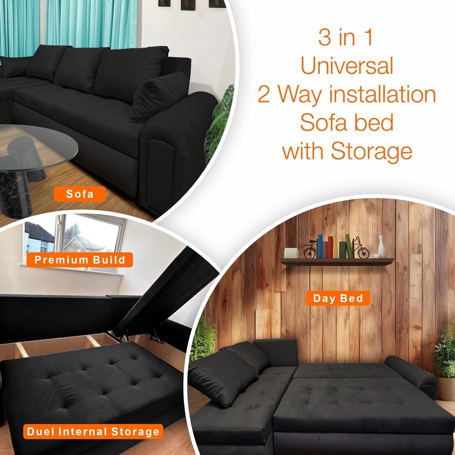 Convertible Velvet Sofa Bed with Storage & Reversible Chaise – L-Shape Black
