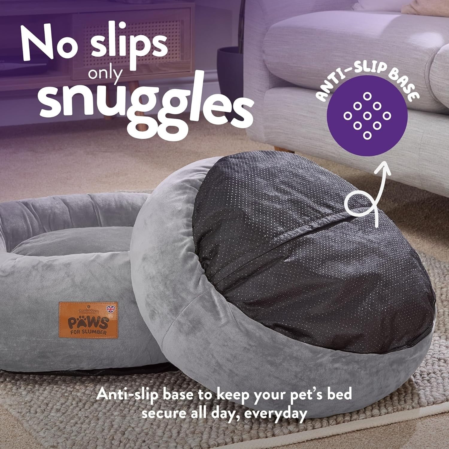 Medium Calming Donut Dog Bed 65cm Washable Non Slip Grey