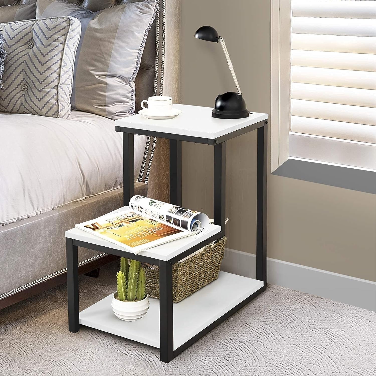Modern 3-Tier Ladder Side Table with Storage Shelf – Slim Metal Frame Bedside Un