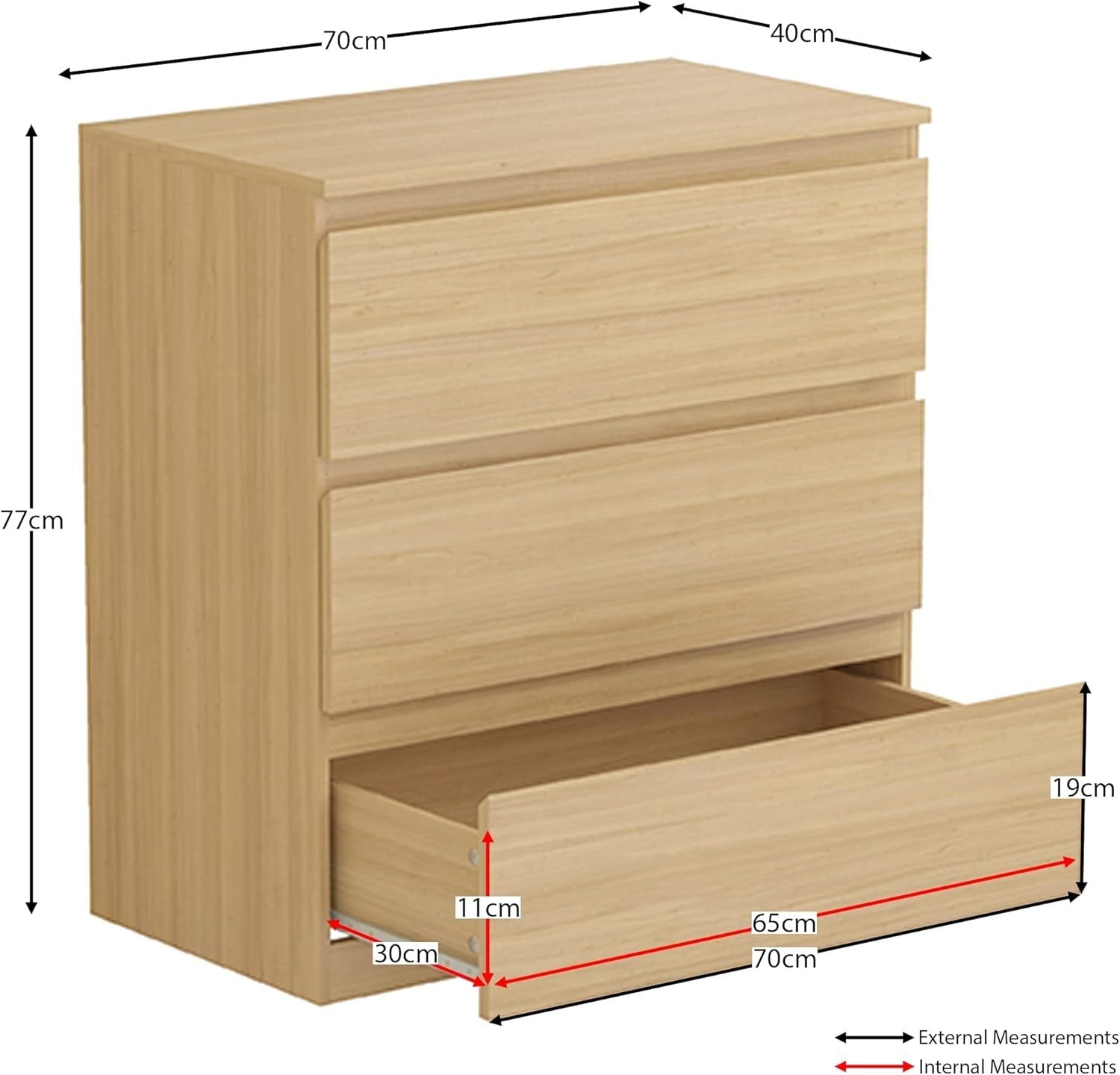 Modern 3 Drawer Wooden Chest Storage Unit Pine Finish Slim Space Saver
