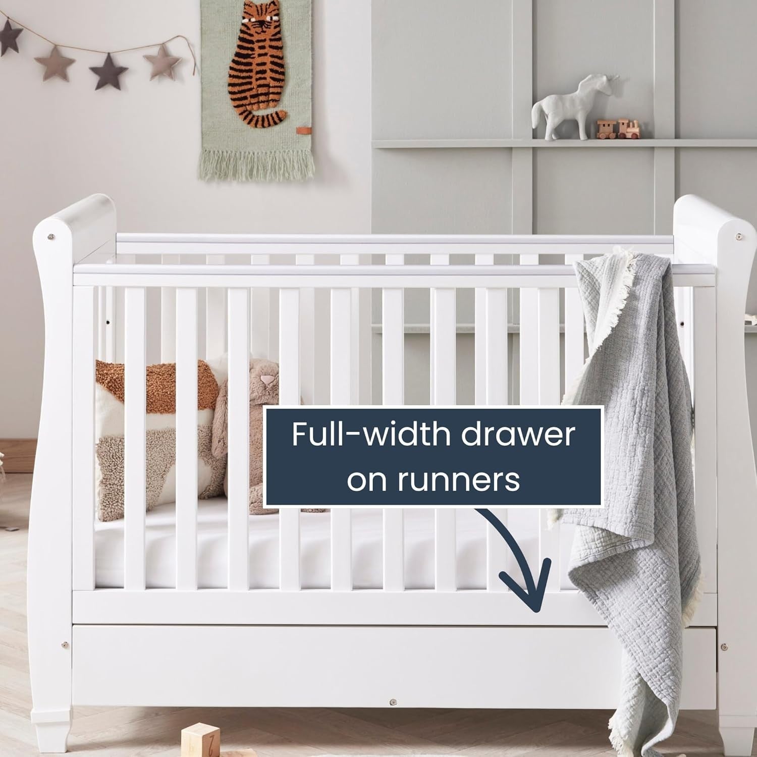 Baby Cot Bed Convertible Toddler Day Bed Adjustable Height w/o Mattress White