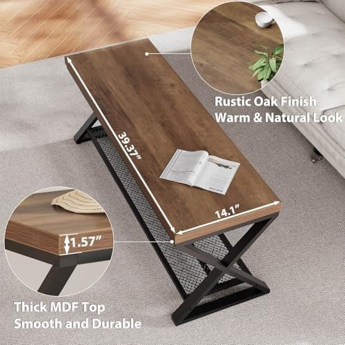 Rustic Oak Industrial Entryway Storage Bench Metal Frame Shoe Rack Seat 99x36x46