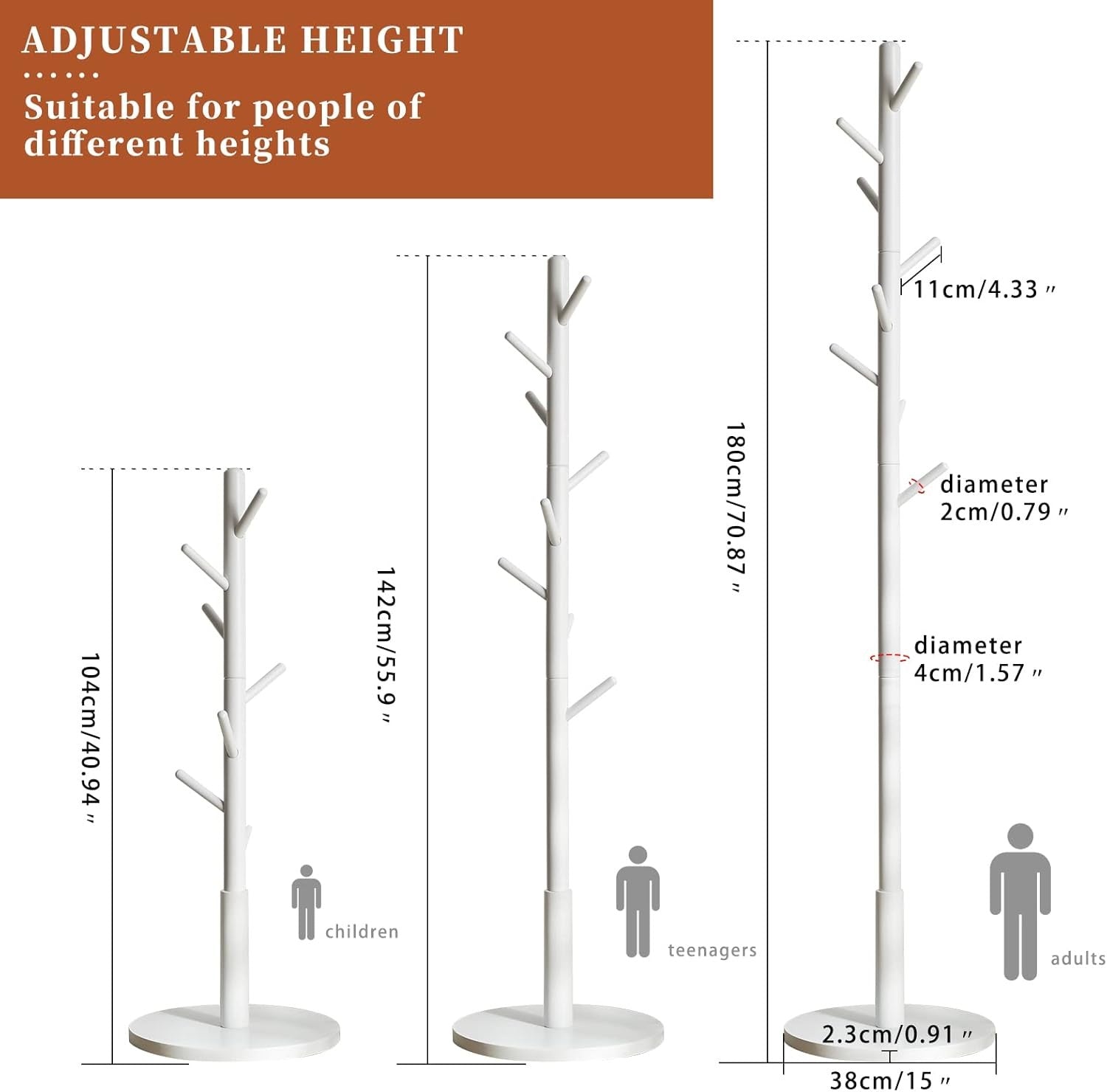 Modern White Wooden Coat Rack 8 Hooks Adjustable Height Free Standing Hanger