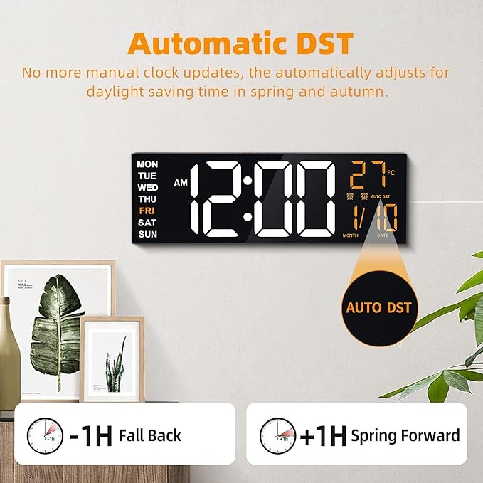 16" RGB Digital Wall Clock Large Display Auto-Dim Dual Alarms Temp Date Remote
