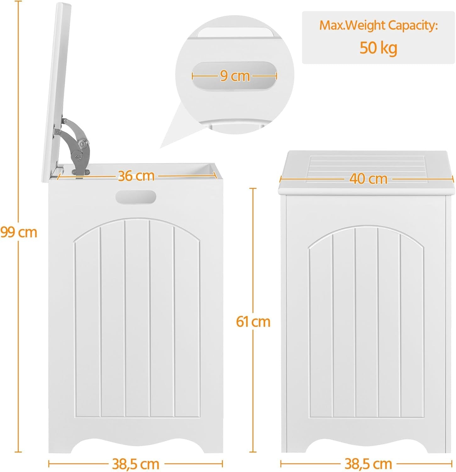 White Wooden Laundry Hamper with Lid Bathroom Clothes Bin 40x40x61cm Storage