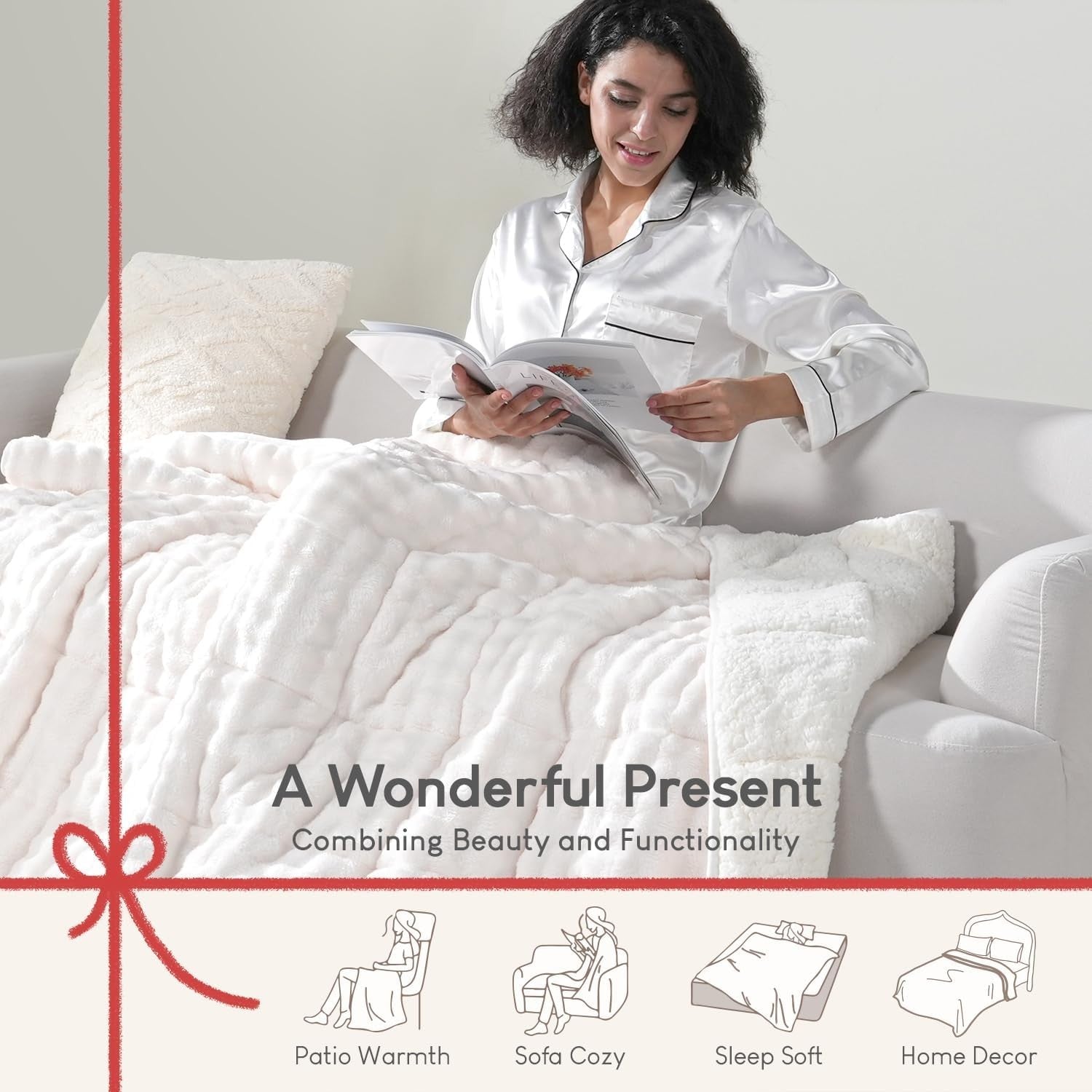 15lb Weighted Blanket, Cream White Bubble Sherpa Fleece 60x80 Cozy Plush