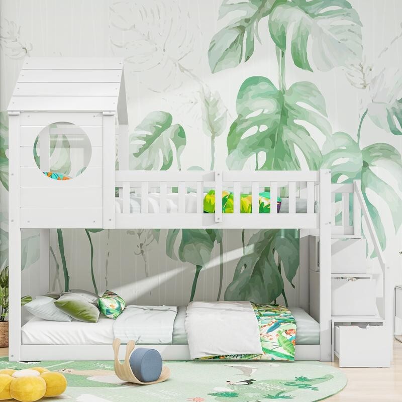 Kids White Wooden Bunk Bed with Storage Ladder 3FT Playhouse Cabin Bed Frame